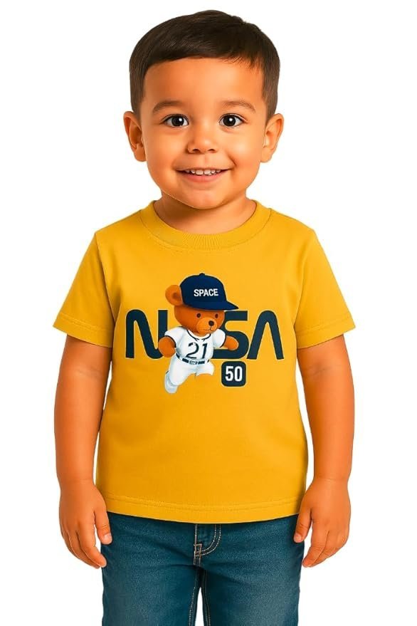 Boys Yellow Polycotton Printed T-Shirt, Summer Casual Wear, Round Neck Half Sleeve Printed Tee for Kids