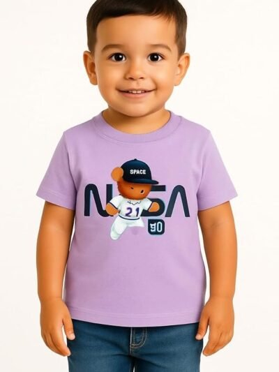 Boys Purple Polycotton Printed T-Shirt, Summer Casual Wear, Round Neck Half Sleeve Printed Tee for Kids