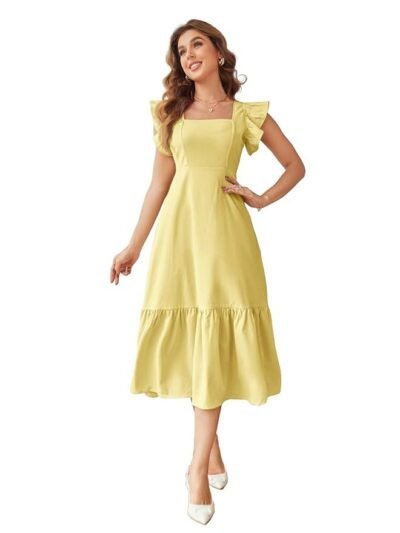 Women's Solid Color Square Neck, Ruffle-Trimmed Hem Sleeveless, Ruffle Armhole and Casual Dress with Cinched Waist Vacation Outfits Woman