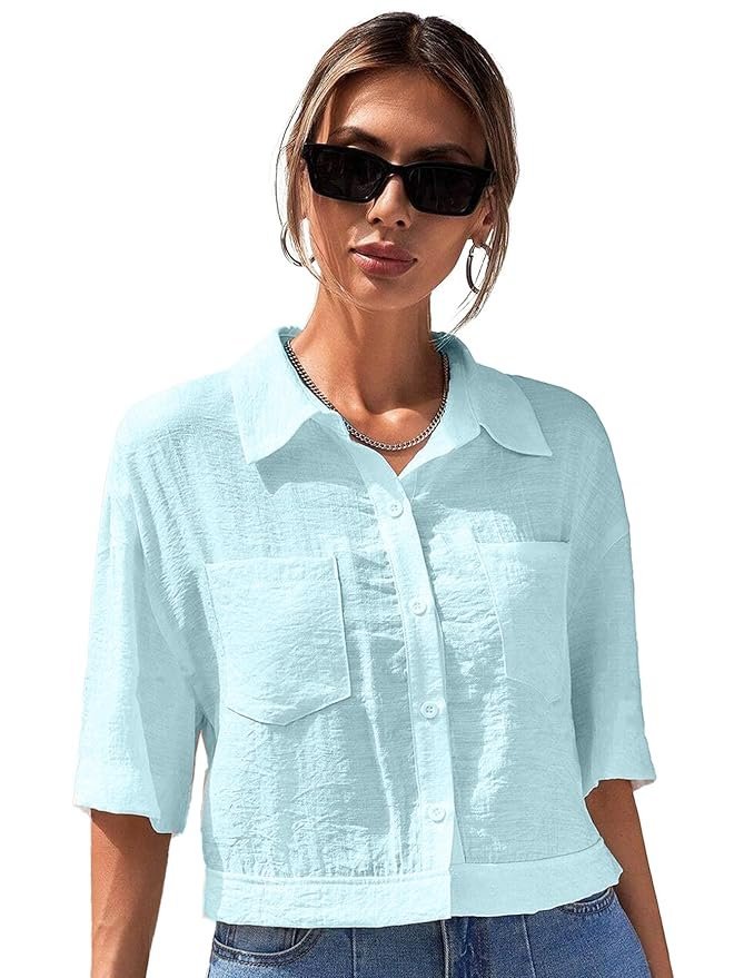 V-Collar Solid Crop Shirt for Women with Half Sleeves