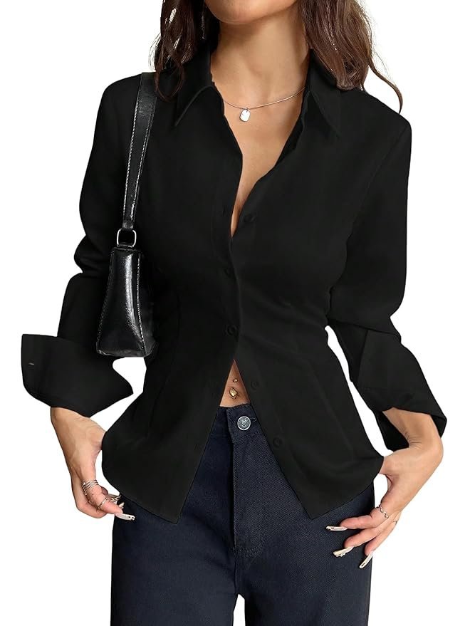 Women Polyester Modern Fit Solid Front Button Long Sleeve Casual Shirt(Black)